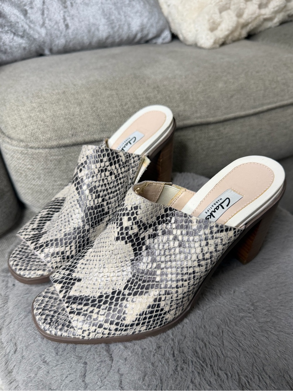 Clarke Snakeskin Block Heel Mules size 6.5